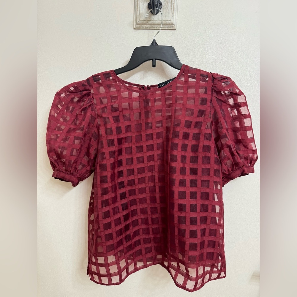 English Factory Red Checkered Sheer Puff Sleeve Blouse